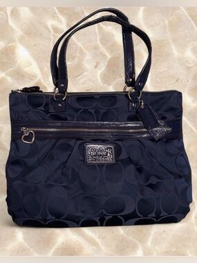 Y2K Coach Poppy Daisy Dark Blue Navy Signature Jacquard Tote with Heart Charm